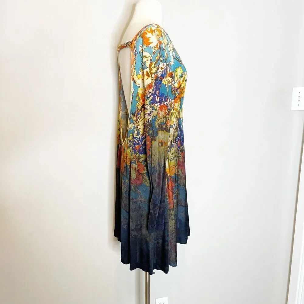 Free People XS Annette‎ Floral Tunic Mini Dress Boho Ombre Flowy Rayon Stretch